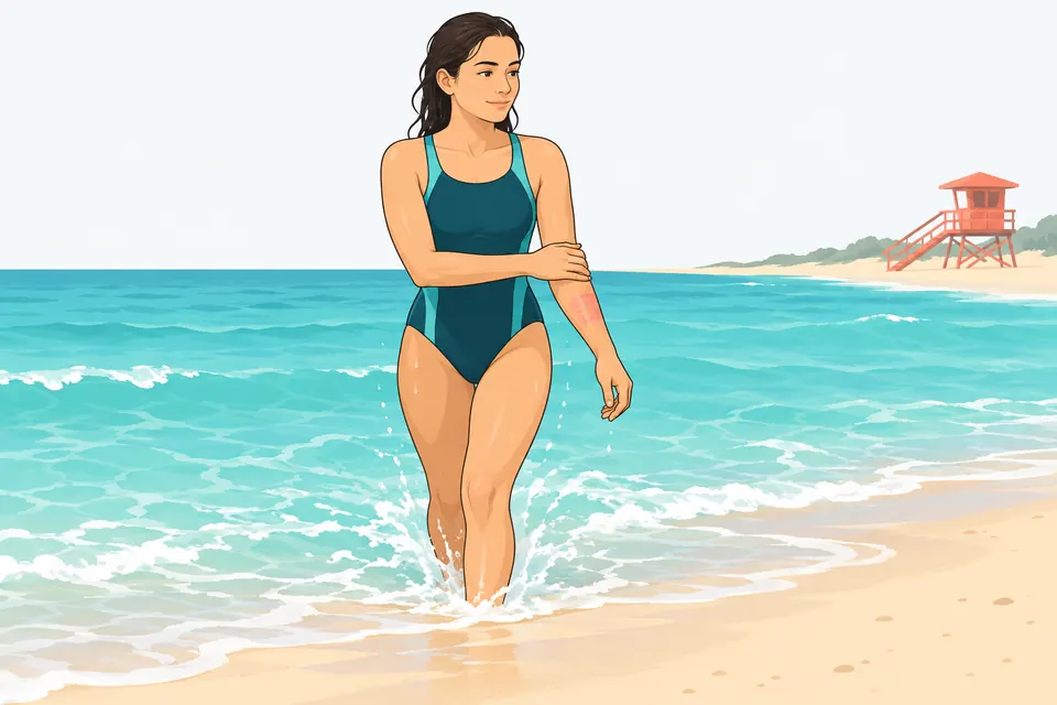 A person walking out of the sea holding a stung forearm