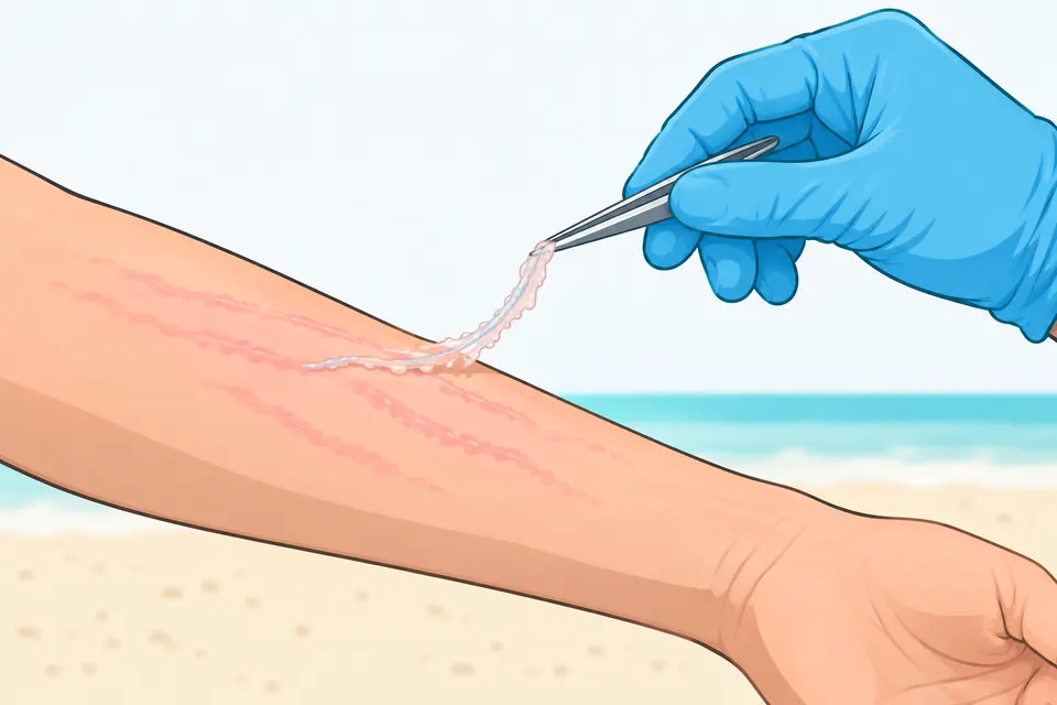 A gloved hand lifting a tentacle off a forearm with tweezers