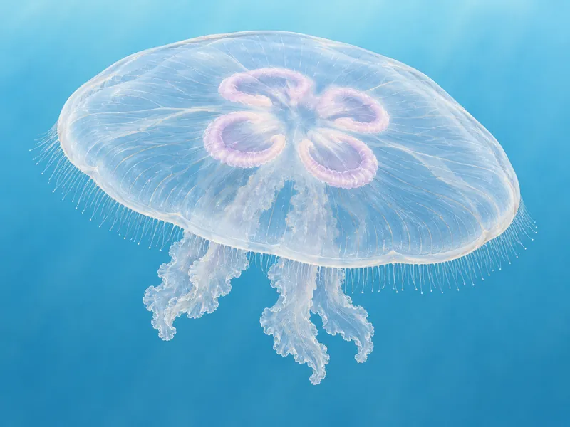 Illustration: a moon jellyfish — a wide clear saucer-shaped bell with four pinkish-violet rings in the centre and a short fringe at the edge