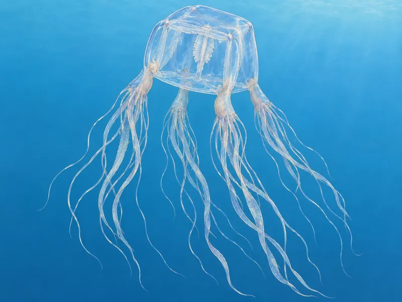 Illustration: a transparent Chironex box jellyfish with a cube-shaped bell and bundles of long thin tentacles trailing from its four corners