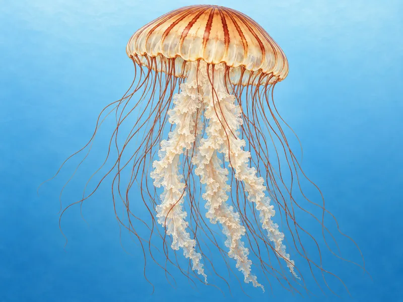 Illustration: a Chrysaora sea nettle — a creamy bell with reddish-brown radiating stripes, long thin tentacles and frilly oral arms