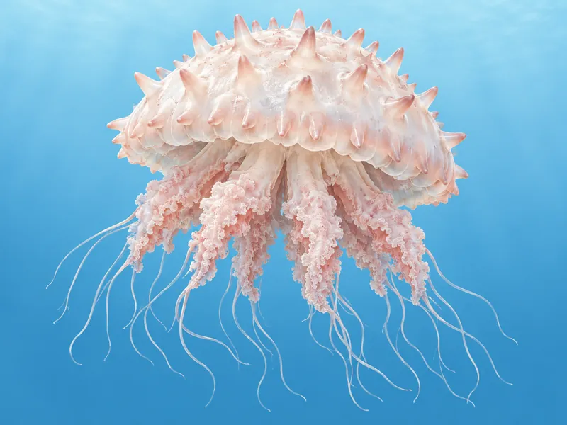 Illustration: Lobonema — a firm milky-pink bell covered in pointed finger-like projections, with oral arms trailing long filaments