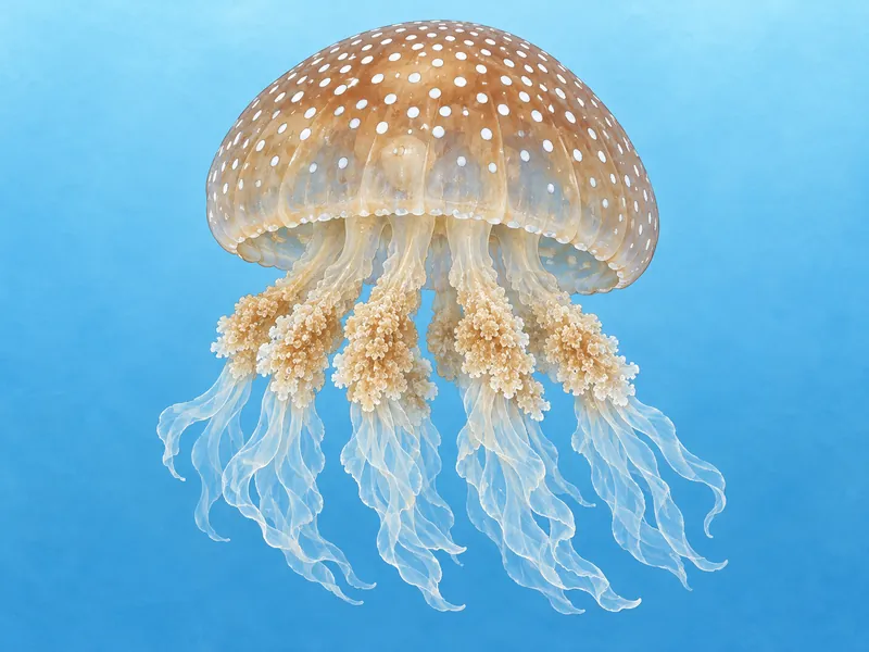 Illustration: a white-spotted jellyfish — a translucent light-brown bell dotted with white spots and bunches of long clear ribbons beneath
