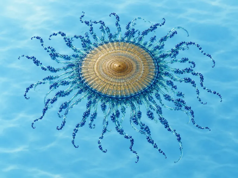 Illustration: a blue button — a flat golden-brown disc ringed by bright blue tentacles with dark knobs