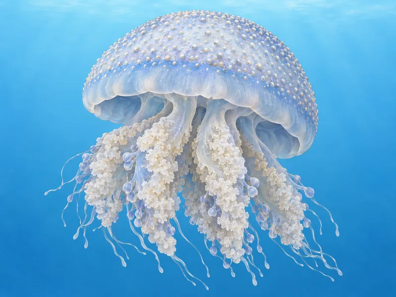 Illustration: Rhopilema — a large hemispherical milky-bluish bell with small warts and eight thick oral arms