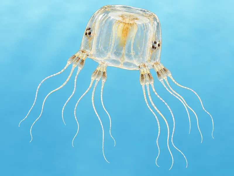 Enlarged illustration: a tiny transparent Tripedalia box jellyfish with three thin tentacles at each corner of the bell